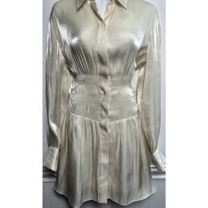 Japanese Deepmoss Designer 100% Shiny Silk Dress Ivory Small L/S Ruched Waist